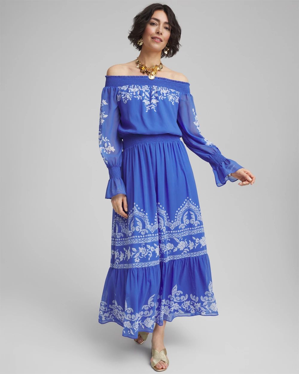 トップス off-shoulder cami tunic (navy flower) Off-Shoulder Tiered Maxi Dress | Chico's
